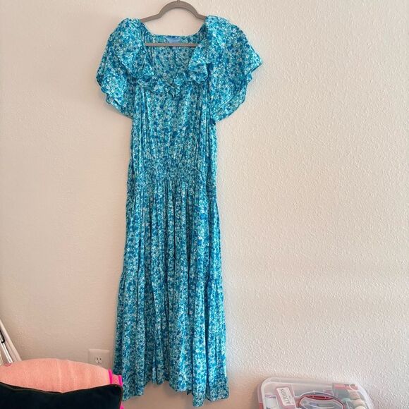 Draper James Womens Small Flutter Sleeve Maxi Dress Blue Aster Floral XXL - Picture 1 of 5